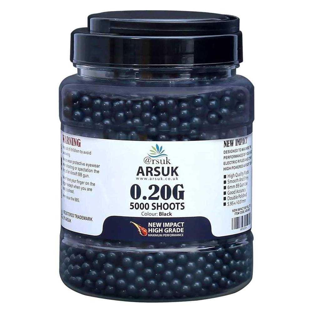 ARSUK Airsoft BB Pellets High Grade and Smooth Polished Plastic Paintballs Content (0.20g 5K Tub Black)